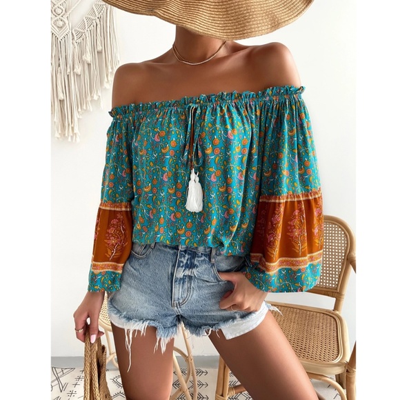 Off Shoulder Floral Print Tassel Ties Relaxed Fit Flared Sleeve Top - Picture 5 of 7